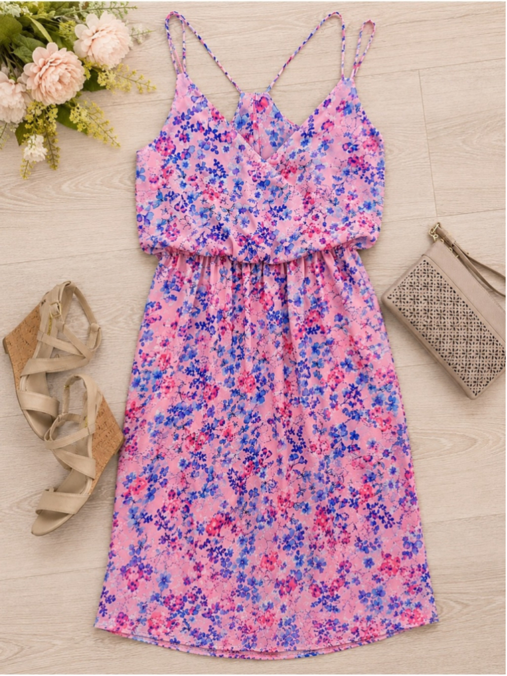 My Story Pink Floral Midi Dress with Blue Floral Print